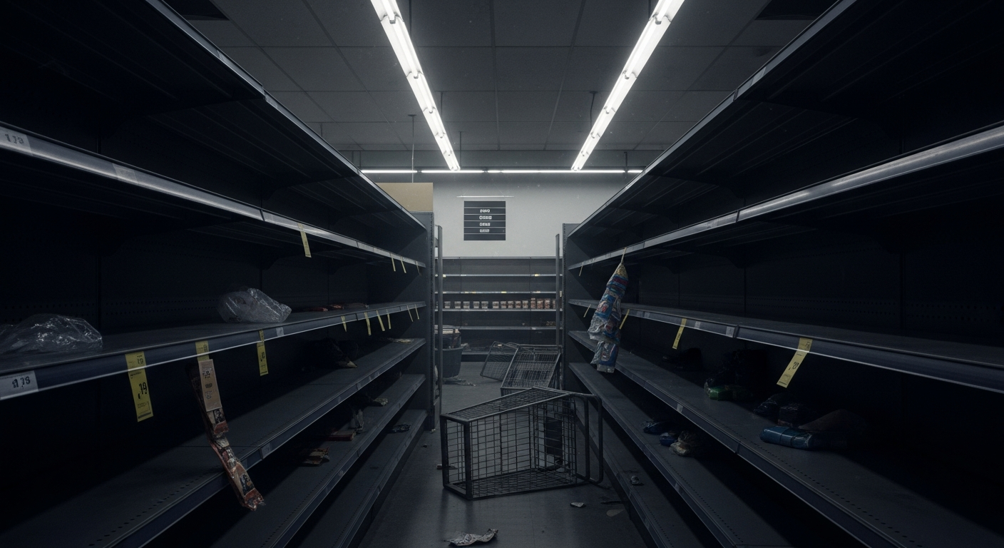 Empty grocery store shelves during crisis